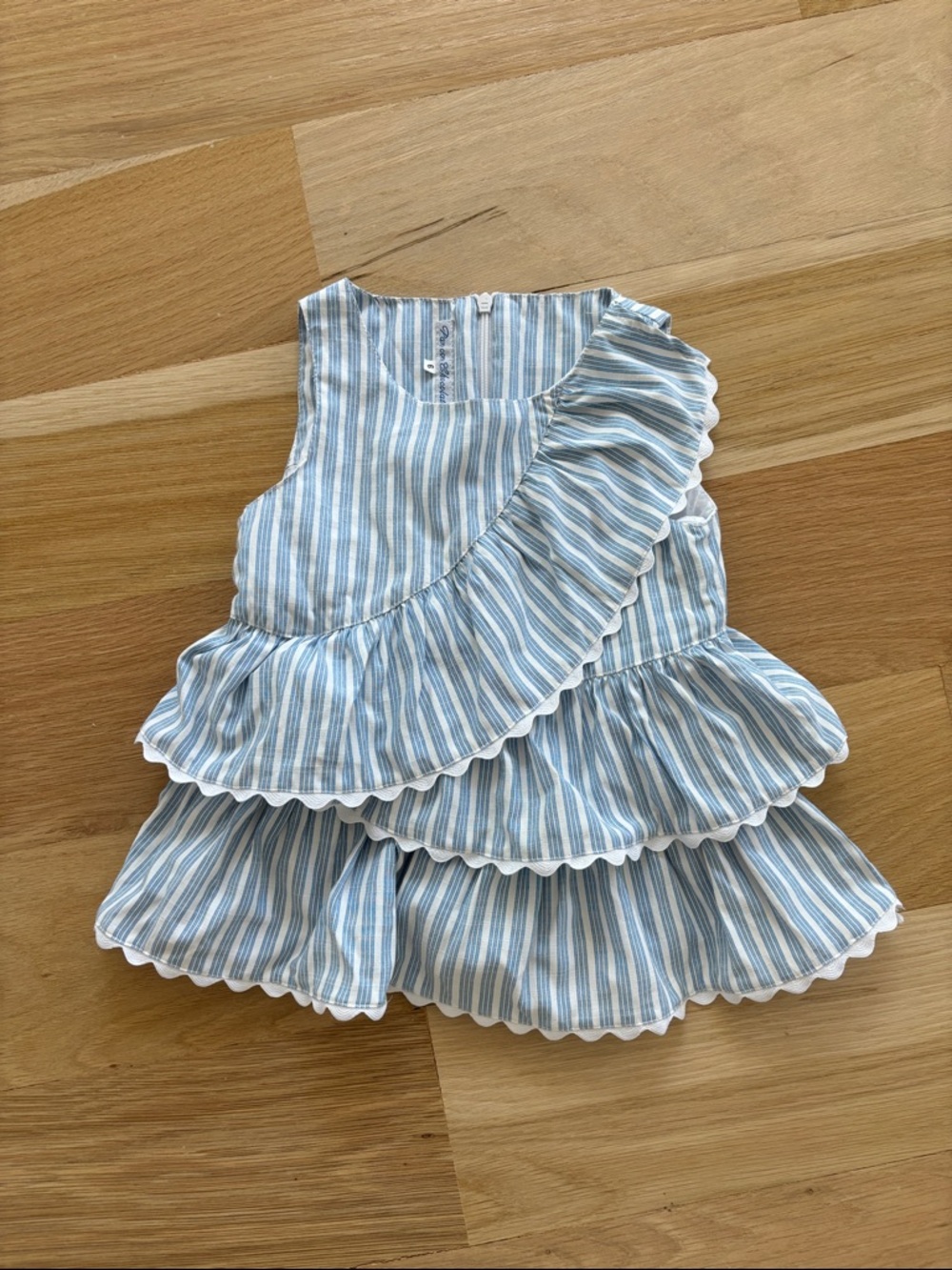 Pan con Chocolate Girl’s Blue & White Striped Ruffle Blouse